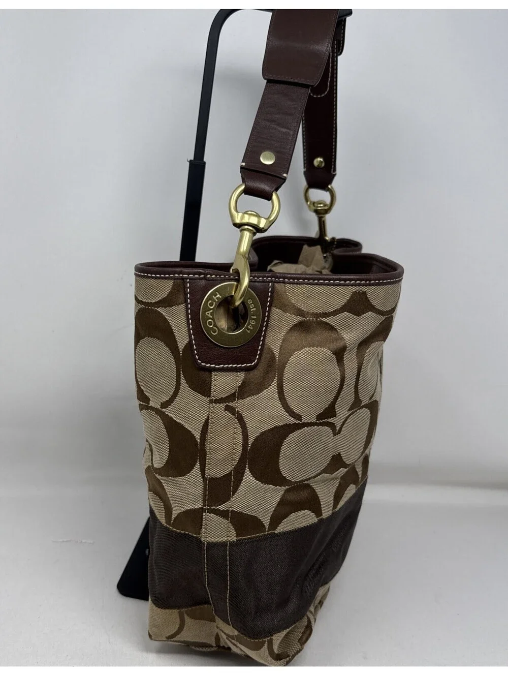 Coach F13674 Canvas Leather Brown Signature Shoulder Bag